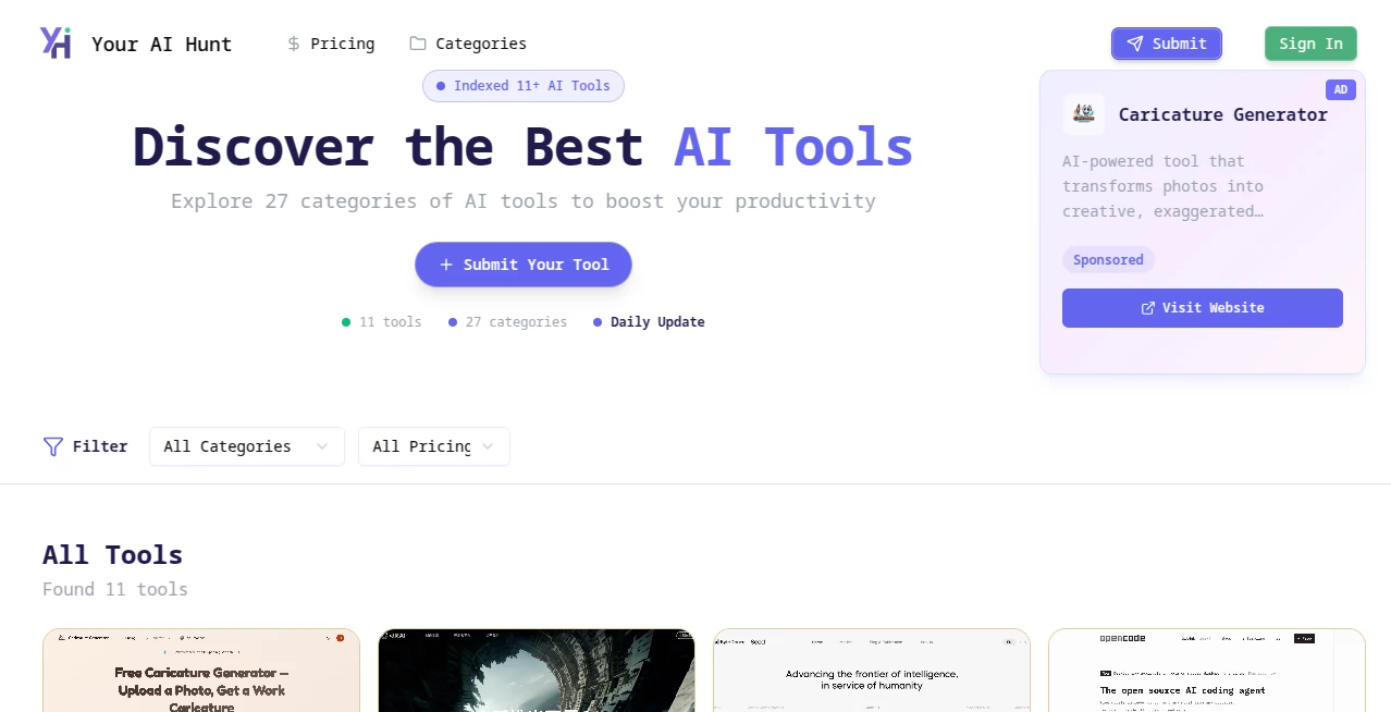 Screenshot of Your AI Hunt – An AI tool in the ,AI Tools Directory  category, showcasing its interface and key features.