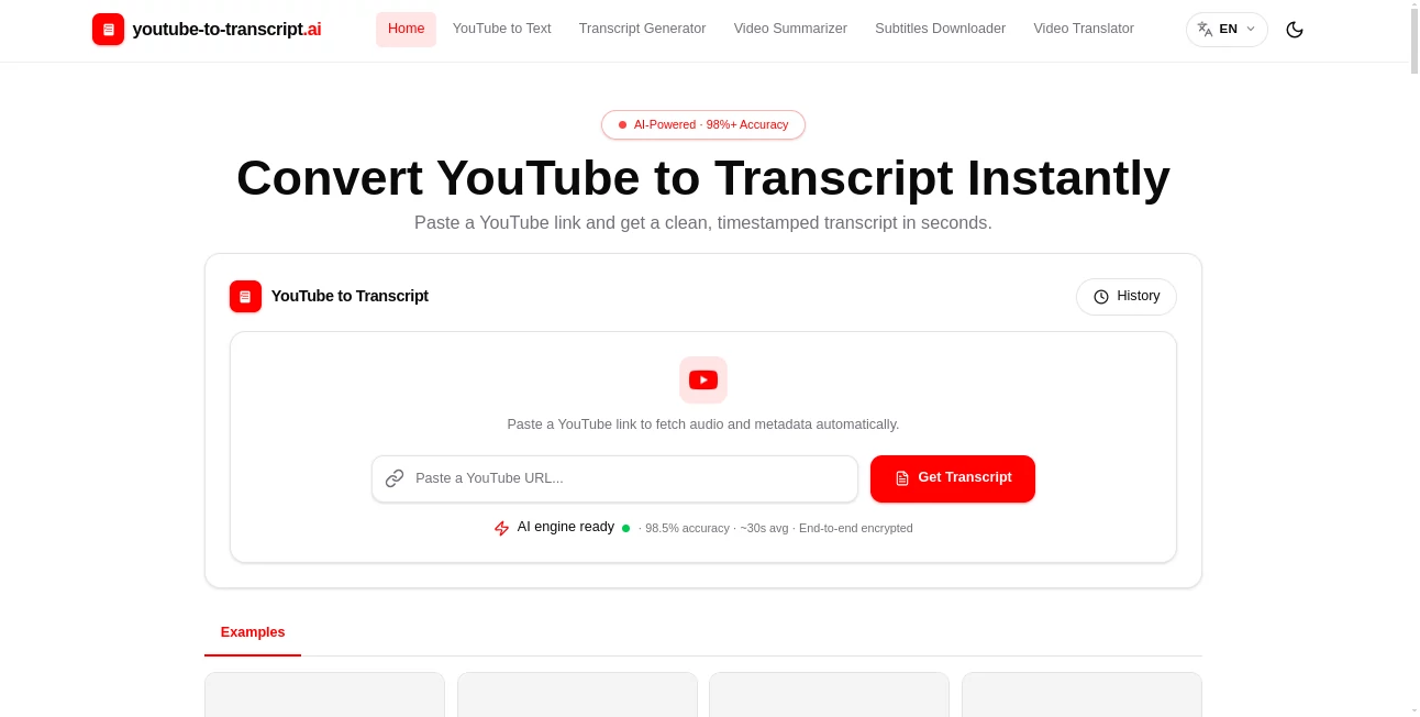 Screenshot of YouTube to Transcript AI – An AI tool in the ,AI Transcriber ,AI Translate ,Video ,AI Transcription  category, showcasing its interface and key features.
