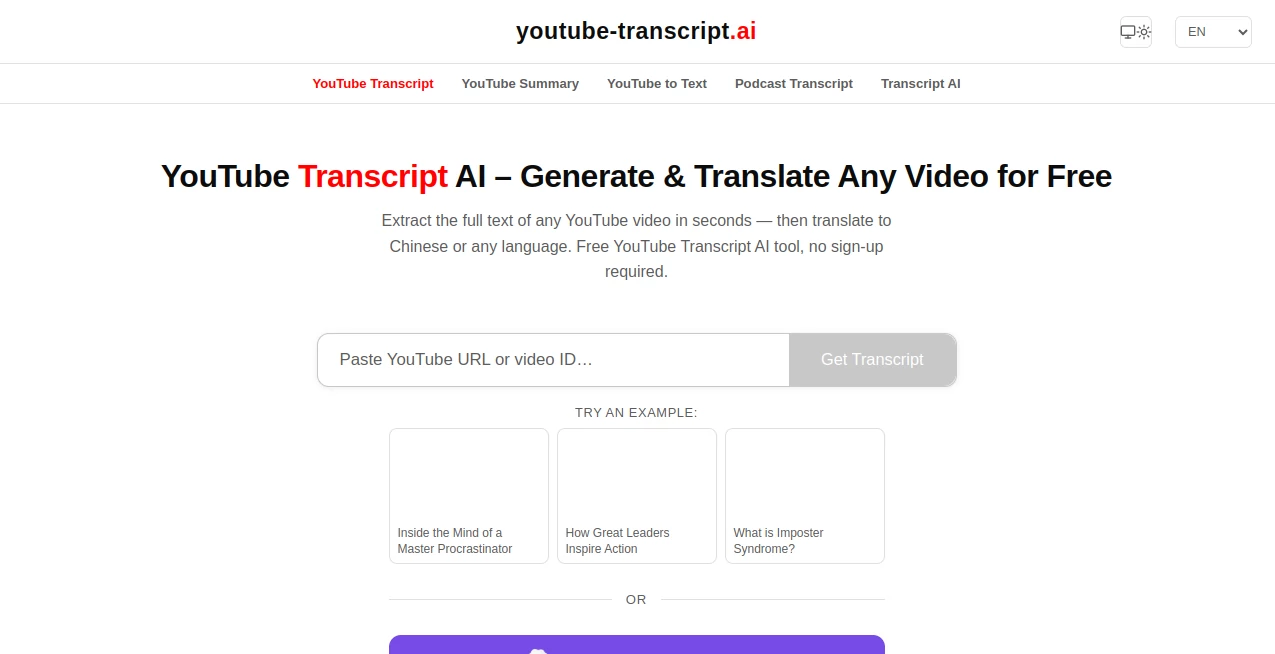Screenshot of YouTube Transcript AI – An AI tool in the ,AI Transcriber ,AI Translate ,AI Transcription ,AI Captions or Subtitle  category, showcasing its interface and key features.