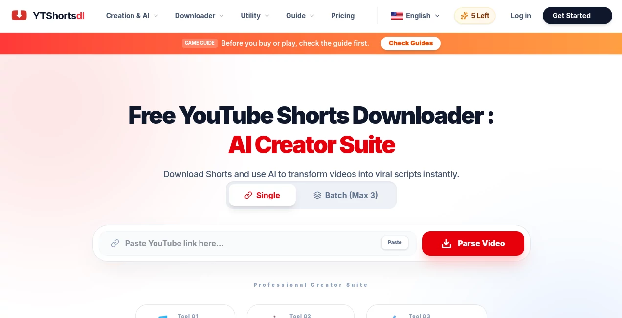 Screenshot of ytshortsdl.net – An AI tool in the ,AI Video Editor ,AI Video Search ,AI Short Clips Generator ,AI Social Media Assistant  category, showcasing its interface and key features.