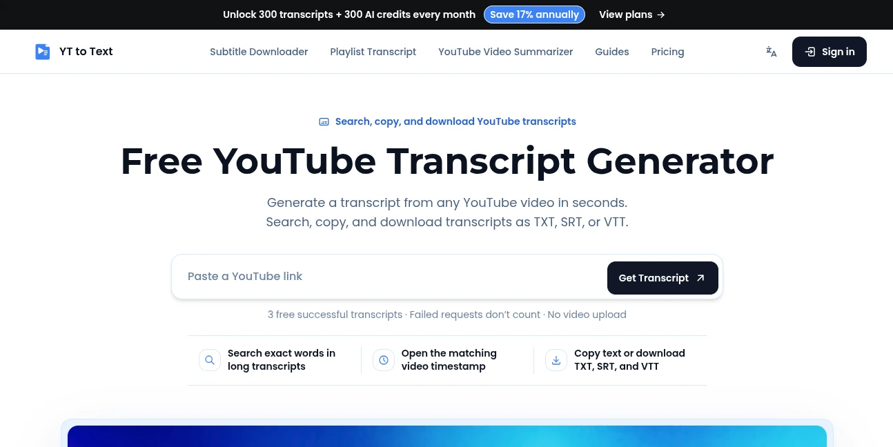 Screenshot of YT to Text – An AI tool in the ,AI Transcriber ,AI YouTube Assistant ,AI Transcription ,AI Captions or Subtitle  category, showcasing its interface and key features.