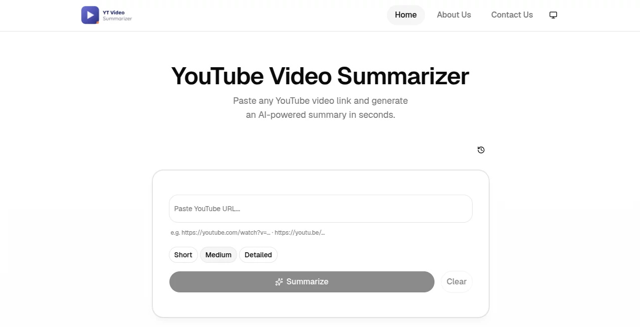 Screenshot of YT Video Summarizer – An AI tool in the ,AI Summarizer ,AI Video Search ,AI Education Assistant ,AI Productivity Tools  category, showcasing its interface and key features.