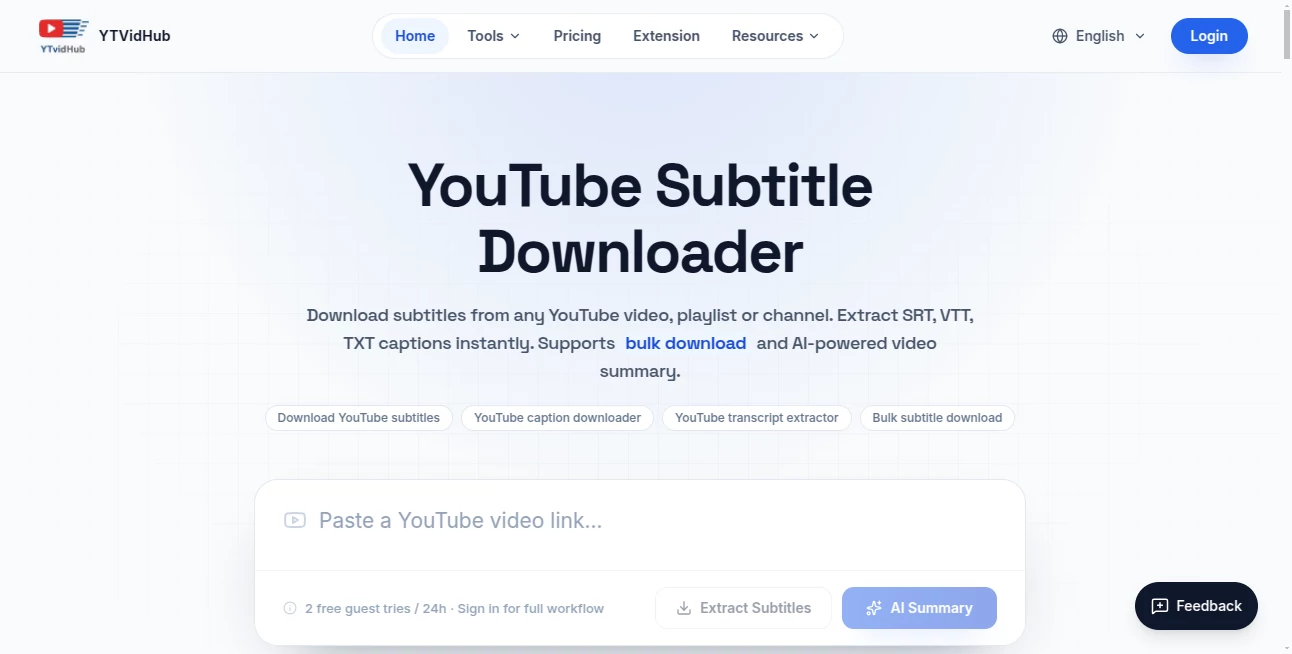 Screenshot of YTVidHub-youtube subtitle download – An AI tool in the ,AI YouTube Assistant ,AI Research Tool ,AI Transcription ,AI Speech to Text  category, showcasing its interface and key features.