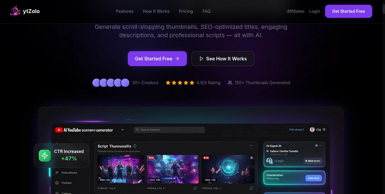 Screenshot of ytzolo – An AI tool in the ,AI Script Writing ,AI Thumbnail Maker ,AI YouTube Assistant ,AI SEO Assistant  category, showcasing its interface and key features.