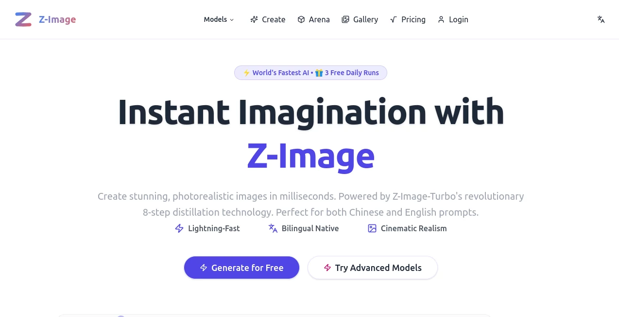 Screenshot of Z-Image – An AI tool in the ,AI Photo & Image Generator ,AI Art Generator ,AI Design Generator ,AI Text to Image  category, showcasing its interface and key features.