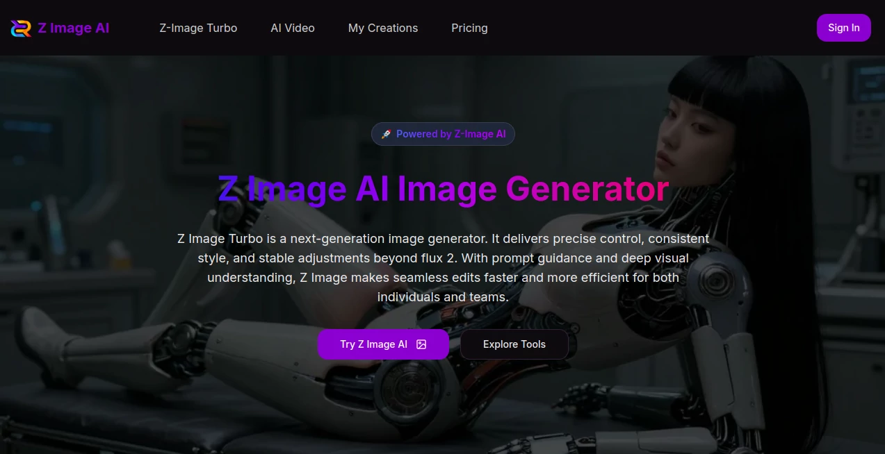 Screenshot of Z Image AI – An AI tool in the ,AI Photo & Image Generator ,Photo & Image Editor ,AI Image to Image ,AI Design Generator  category, showcasing its interface and key features.