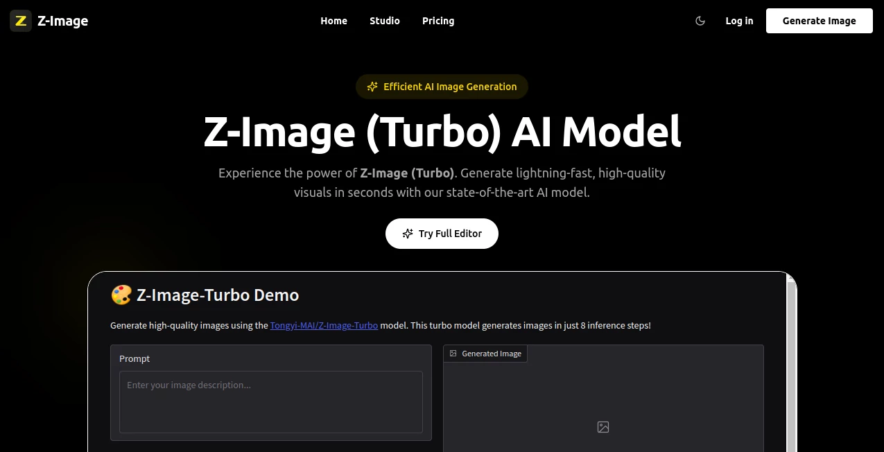 Screenshot of Z-Image – An AI tool in the ,AI Text to Image ,AI Photo & Image Generator ,AI Art Generator ,AI Design Generator  category, showcasing its interface and key features.