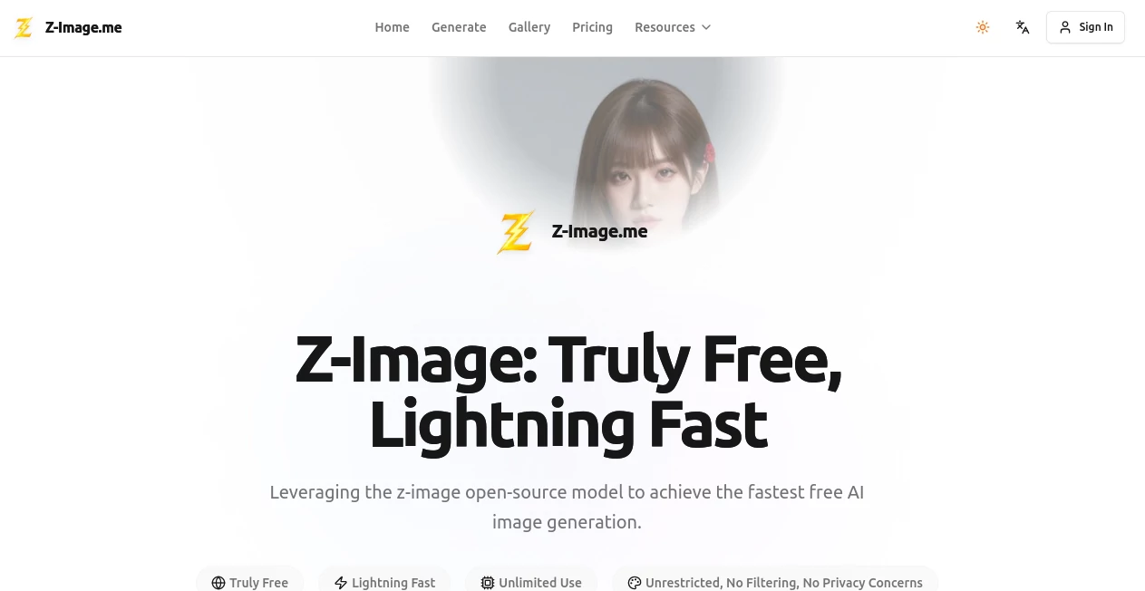 Screenshot of z-image.me – An AI tool in the ,AI Text to Image ,AI Photo & Image Generator ,AI Art Generator ,AI Design Generator  category, showcasing its interface and key features.