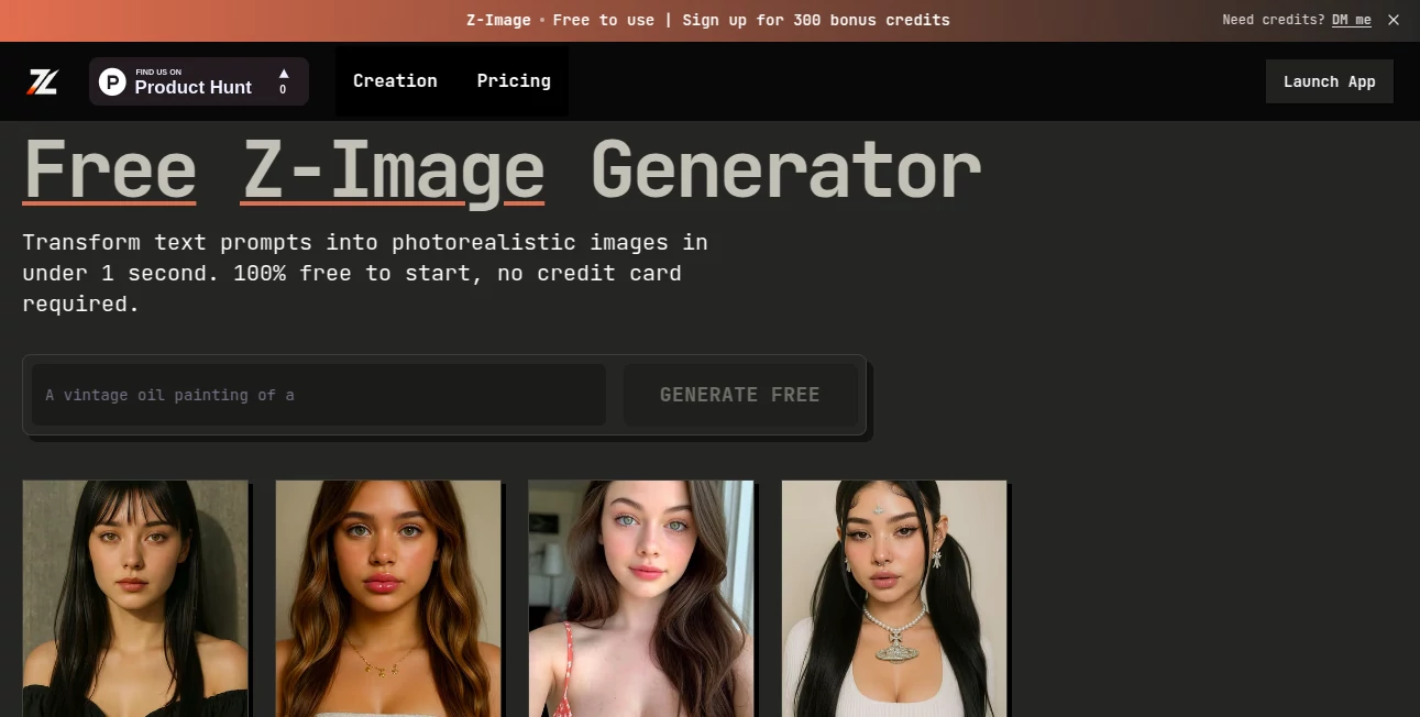 Screenshot of Free Z-Image Generator – An AI tool in the ,AI Text to Image ,AI Photo & Image Generator ,AI Art Generator ,AI Design Generator  category, showcasing its interface and key features.