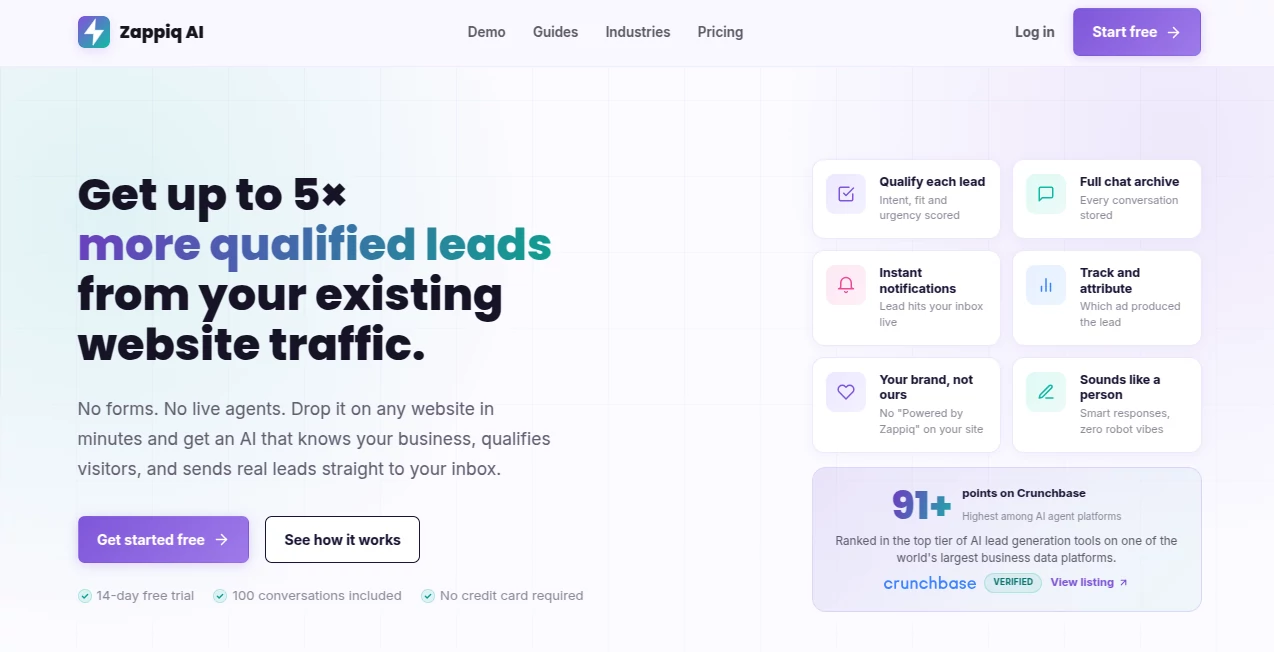 Screenshot of Zappiq AI – An AI tool in the ,AI Lead Generation ,AI Chatbot ,AI CRM Assistant ,AI Customer Service Assistant  category, showcasing its interface and key features.