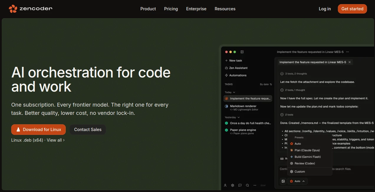 Screenshot of Zencoder – An AI tool in the ,AI Code Assistant ,AI Code Generator ,AI Developer Tools ,AI Workflow Management  category, showcasing its interface and key features.