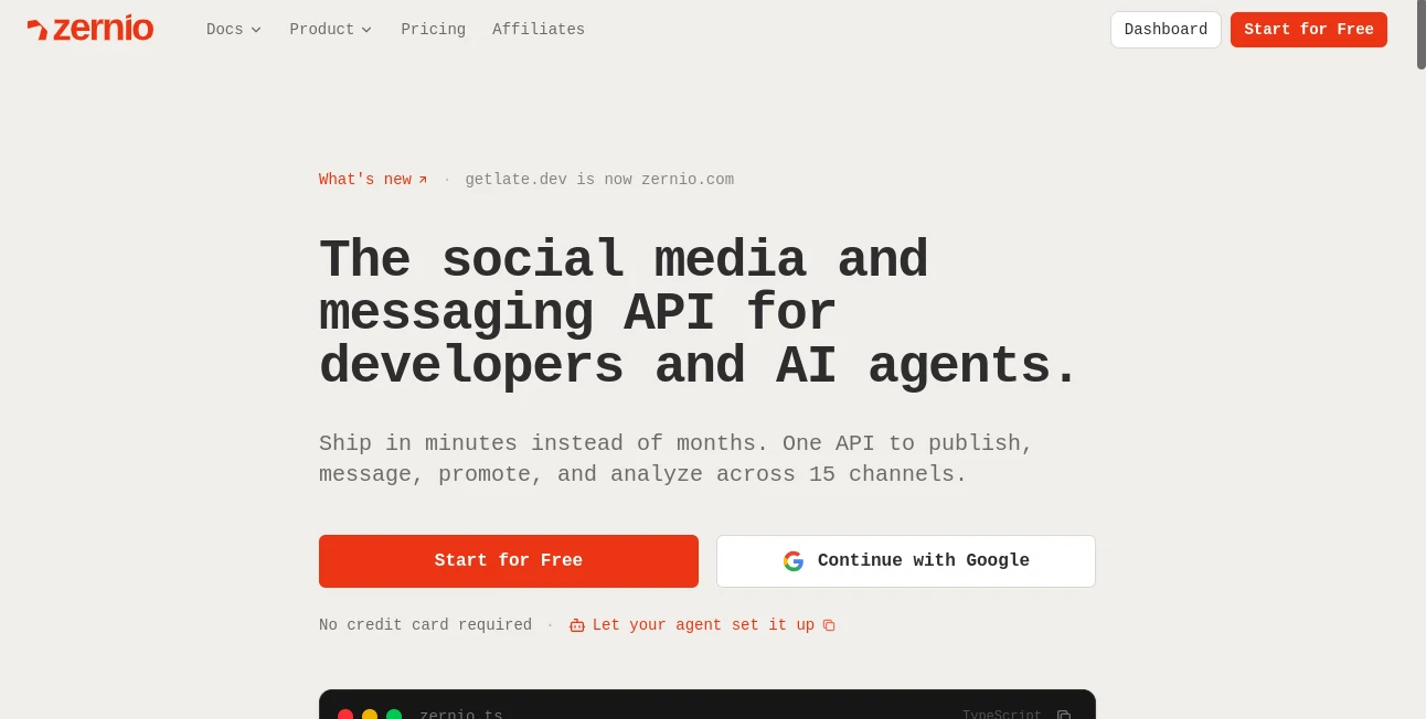 Screenshot of Zernio – An AI tool in the ,AI API Design ,AI Developer Tools ,AI Social Media Assistant ,AI Workflow Management  category, showcasing its interface and key features.