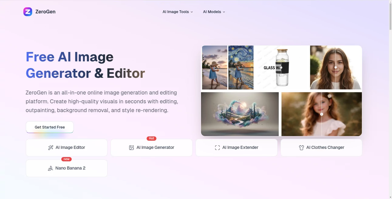 Screenshot of ZeroGen – An AI tool in the ,AI Photo & Image Generator ,AI Design Assistant ,Photo & Image Editor  category, showcasing its interface and key features.