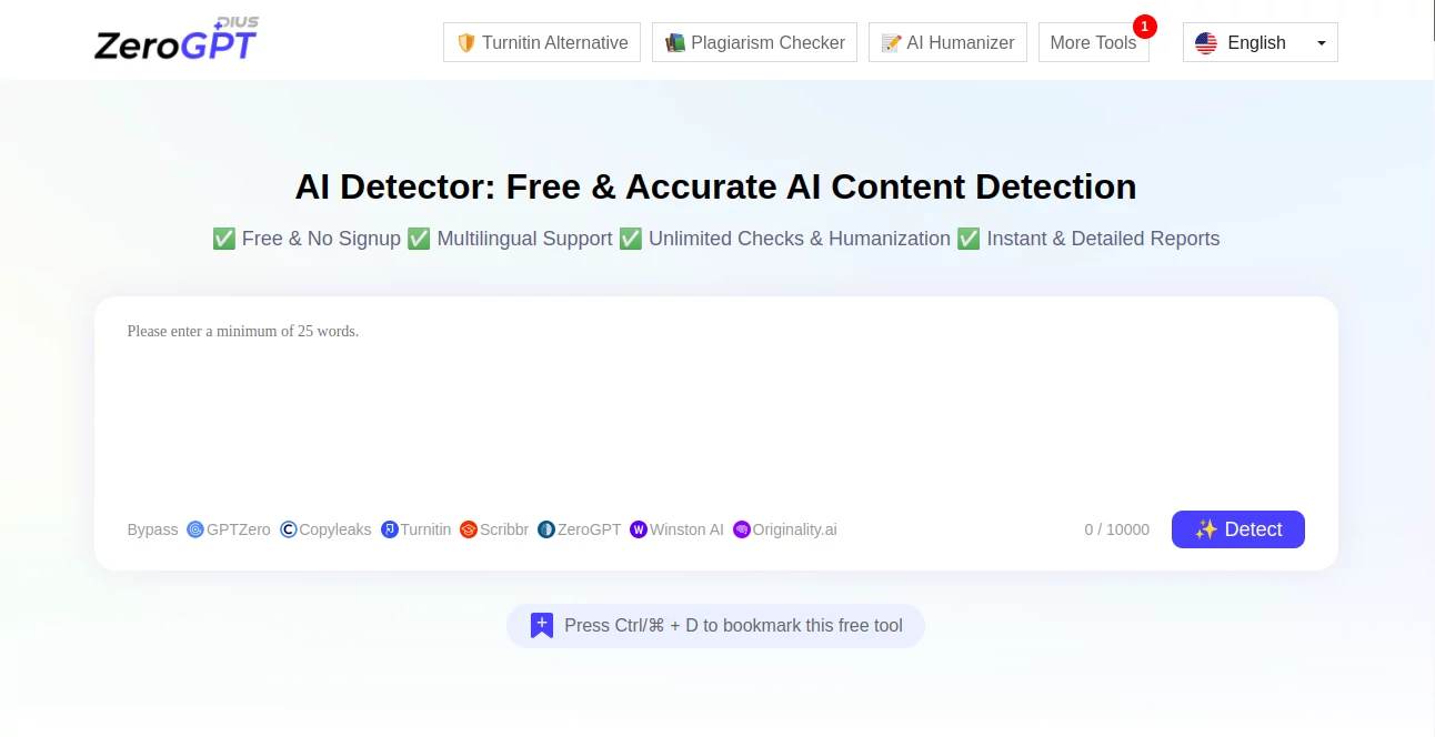 Screenshot of ZeroGPT Plus – An AI tool in the ,AI Knowledge Management ,AI Summarizer ,AI Writing Assistants ,AI Detector ,AI Content Detector  category, showcasing its interface and key features.
