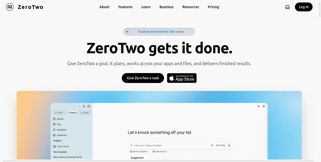 Screenshot of ZeroTwo – An AI tool in the ,AI Developer Tools ,AI Research Tool ,AI Chatbot ,AI Productivity Tools  category, showcasing its interface and key features.