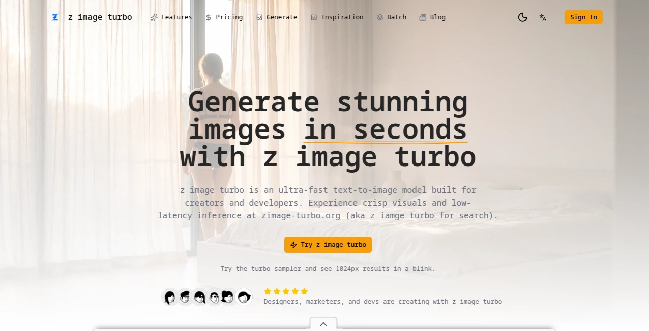 Screenshot of Z Image Turbo – An AI tool in the ,AI Photo & Image Generator ,AI Art Generator ,AI Design Generator ,AI Text to Image  category, showcasing its interface and key features.