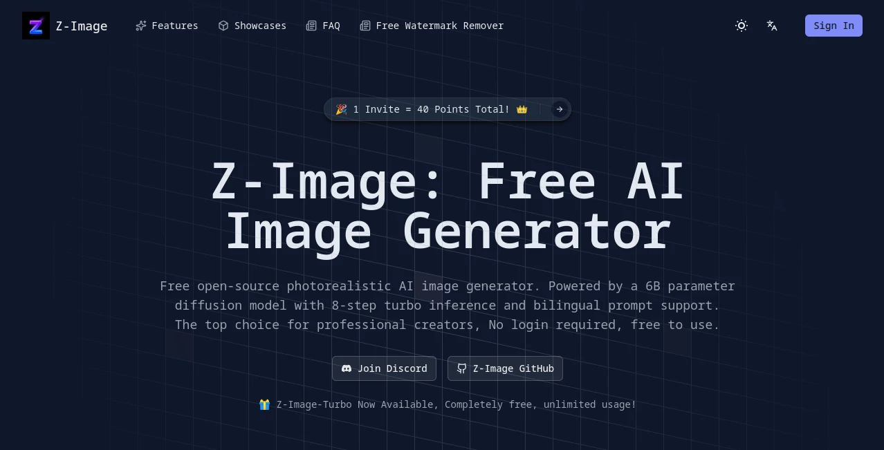Screenshot of Z-Image – An AI tool in the ,AI Text to Image ,AI Photo & Image Generator ,AI Art Generator ,AI Design Generator  category, showcasing its interface and key features.
