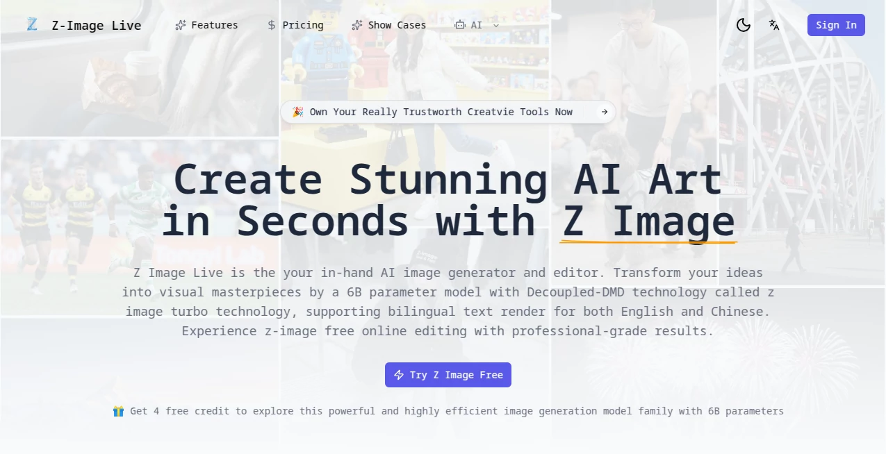 Screenshot of Z image AI – An AI tool in the ,AI Art Generator ,AI Design Generator ,AI Image to Image ,AI Text to Image  category, showcasing its interface and key features.