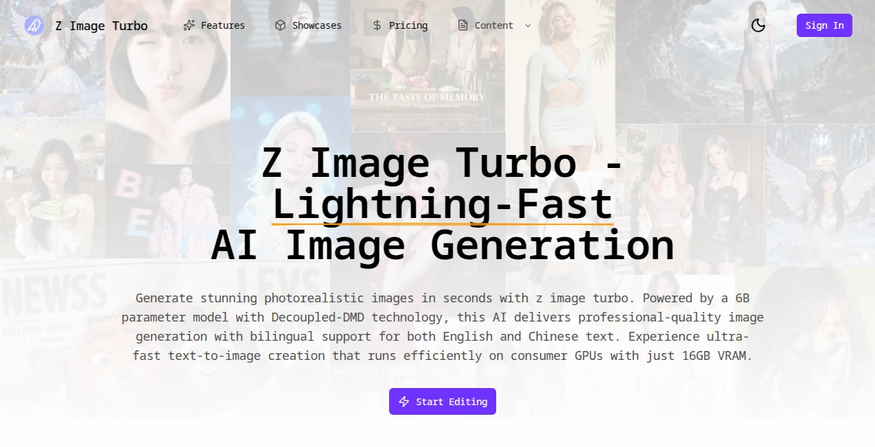Screenshot of Z Image Turbo – An AI tool in the ,AI Photo & Image Generator ,AI Art Generator ,AI Design Generator ,AI Text to Image  category, showcasing its interface and key features.