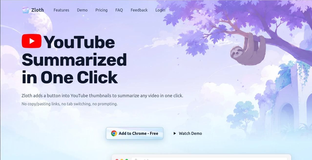 Screenshot of Zloth – An AI tool in the ,AI YouTube Assistant ,AI Summarizer ,AI Research Tool ,AI Productivity Tools  category, showcasing its interface and key features.