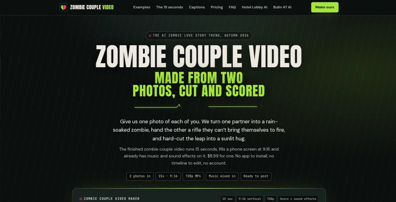 Screenshot of Zombie Couple Video – An AI tool in the ,AI Image to Video ,AI Personalized Video Generator ,Video ,AI Short Clips Generator  category, showcasing its interface and key features.