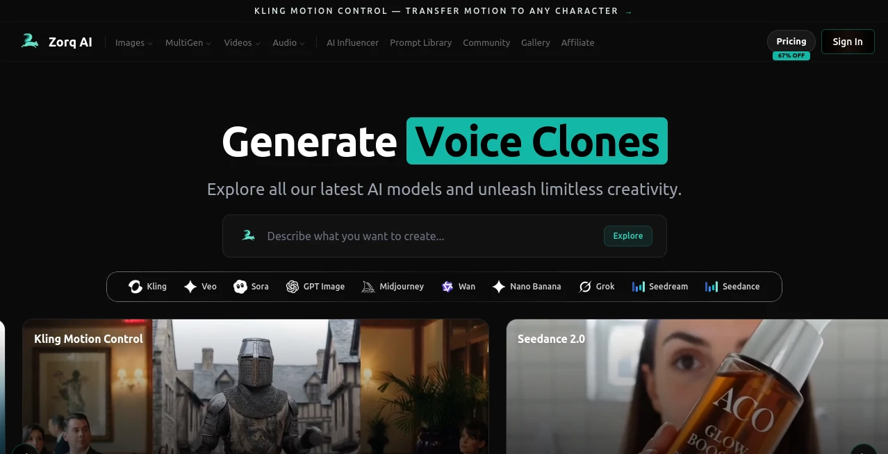 Screenshot of Zorq AI – An AI tool in the ,AI Photo & Image Generator ,AI Image to Video ,AI Video Generator ,AI Voice Cloning  category, showcasing its interface and key features.
