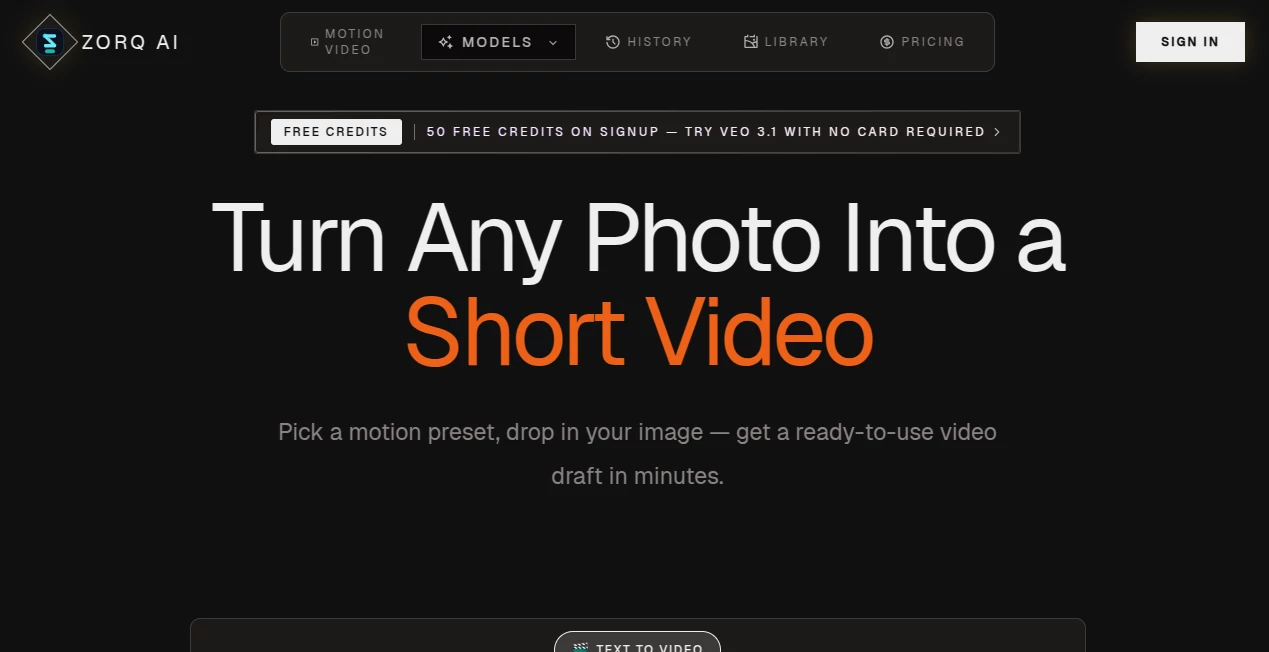 Screenshot of Zorq AI – An AI tool in the ,AI Photo & Image Generator ,AI Image to Video ,AI Text to Video ,AI Video Generator  category, showcasing its interface and key features.