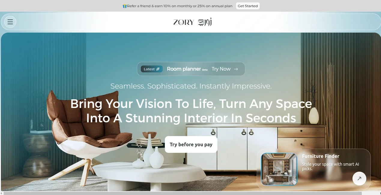 Screenshot of Zory AI – An AI tool in the ,AI Photo & Image Generator ,AI Design Generator ,AI Interior & Room Design ,AI Design Assistant  category, showcasing its interface and key features.