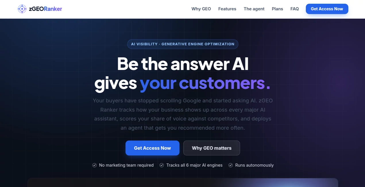 Screenshot of zGEO Ranker – An AI tool in the ,AI Analytics Assistant ,AI SEO Assistant  category, showcasing its interface and key features.