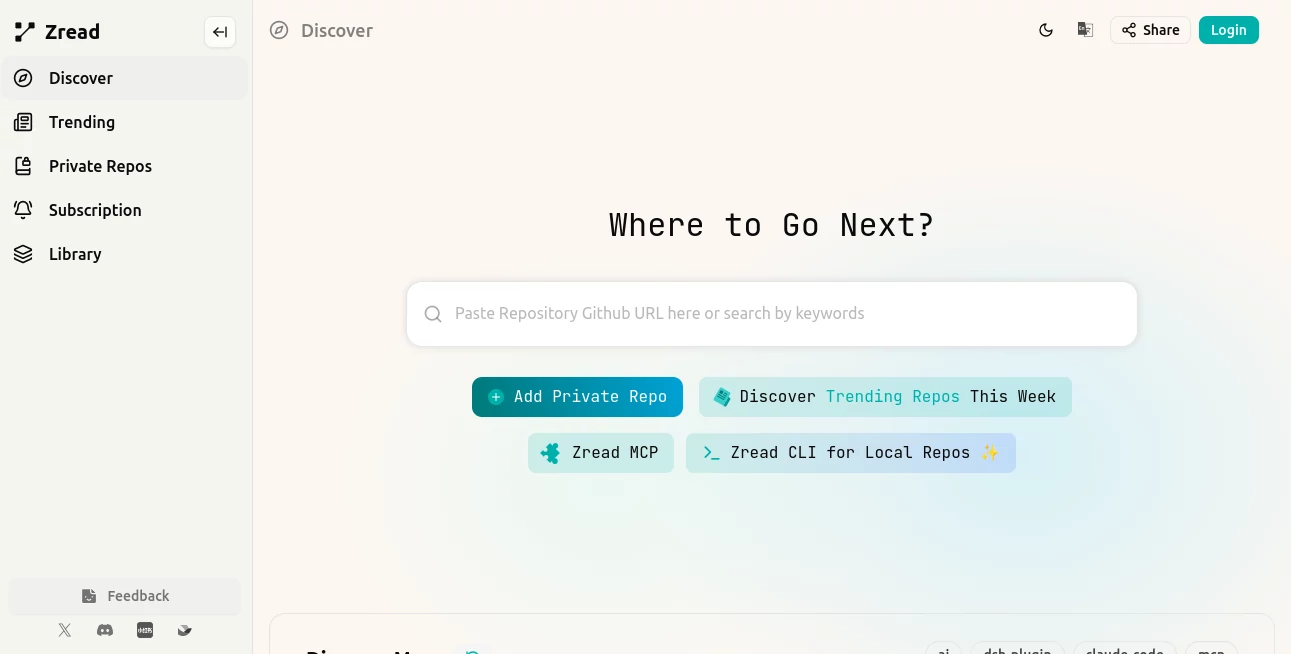 Screenshot of Zread – An AI tool in the ,Github Repos ,AI Knowledge Base ,AI Developer Docs ,AI Developer Tools  category, showcasing its interface and key features.