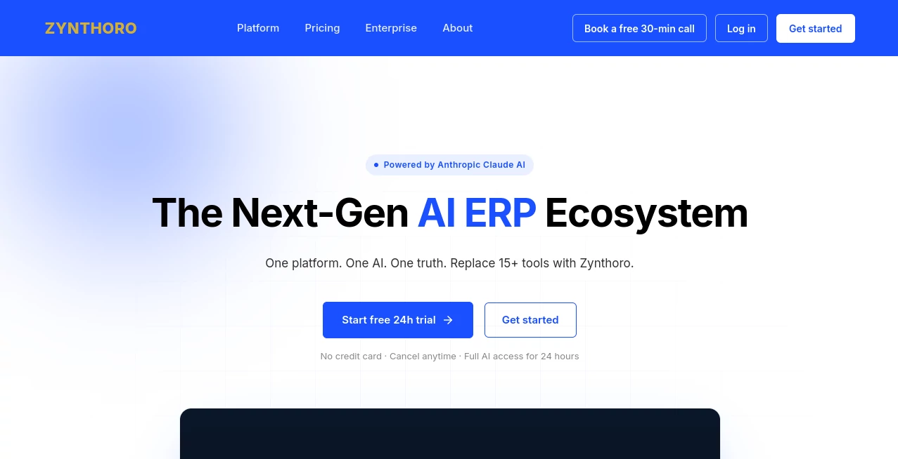 Screenshot of Zynthoro – An AI tool in the ,AI Business Ideas Generator ,AI CRM Assistant ,AI Workflow Management ,AI Project Management  category, showcasing its interface and key features.